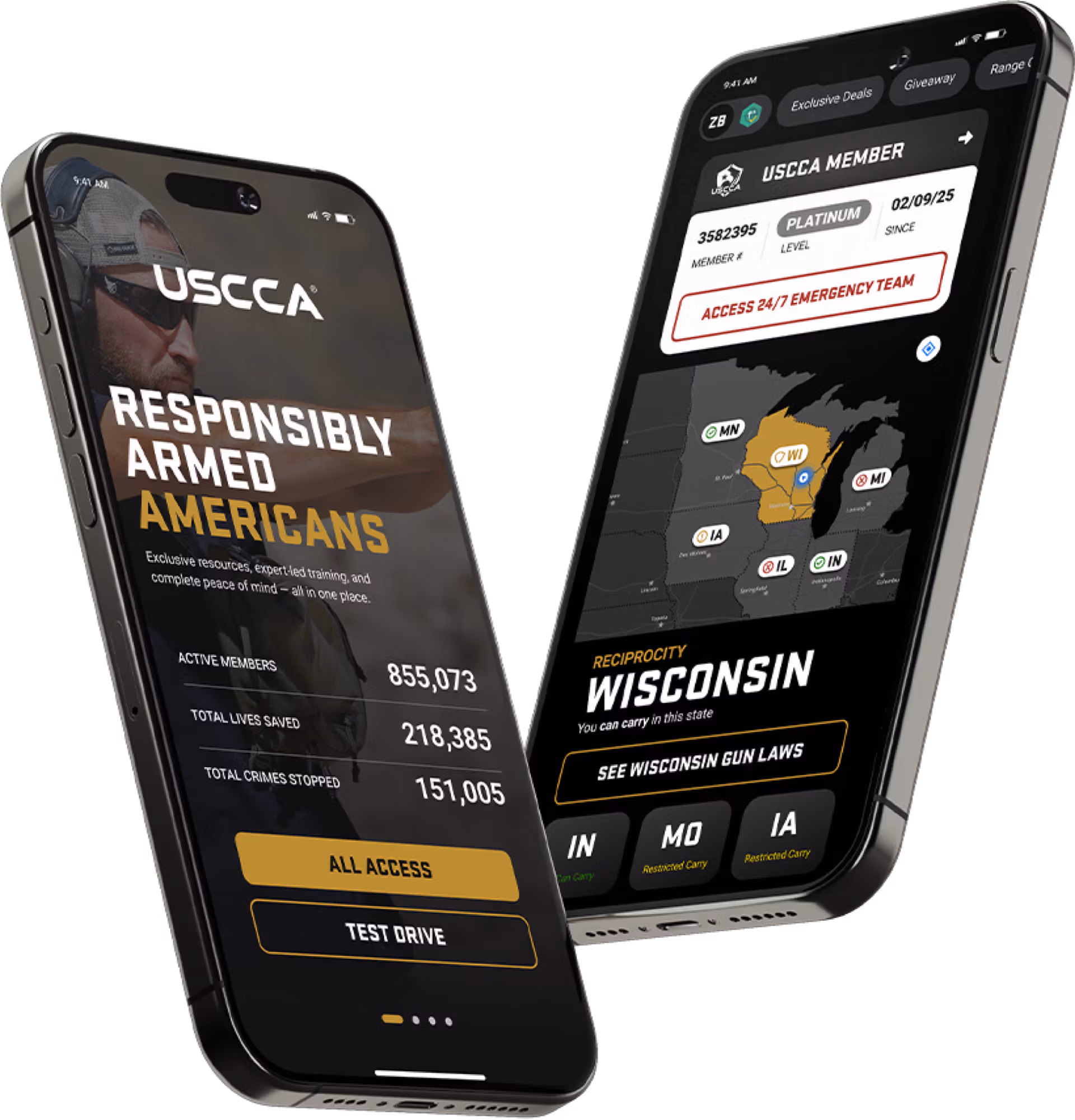 The USCCA mobile app shown on two phones