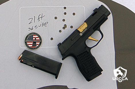 The SIG Sauer P365 XL Spectre Comp next to a full magazine on a silhouette target.