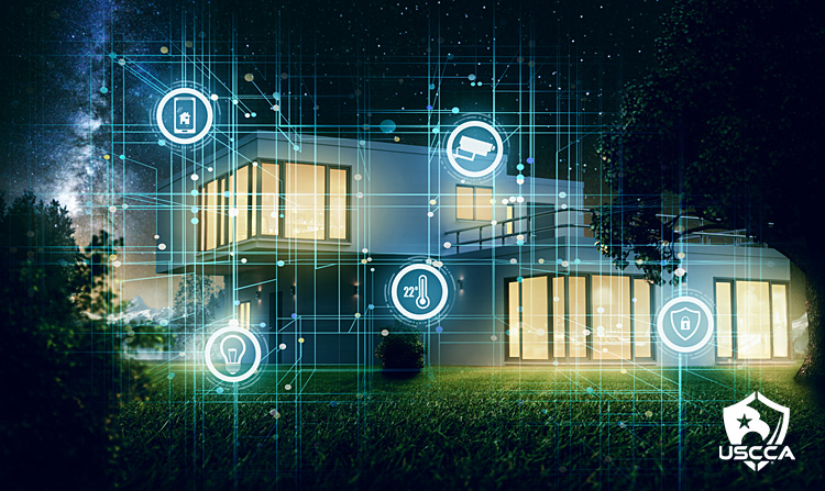 Digital illustration showing home security icons superimposed over a photo of a modern house.