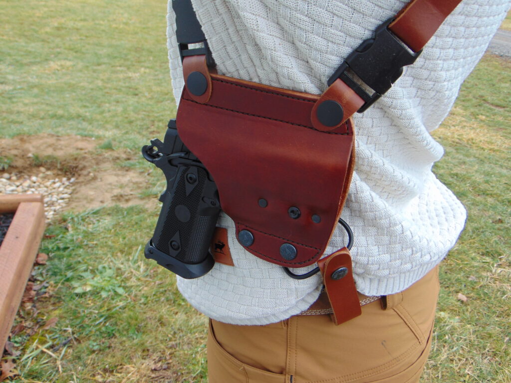 thumbnail interactive-video image 1 of Adjustable Leather Shoulder Gun Holster - Right Hand Concealed Carry Pistol 1 of 4