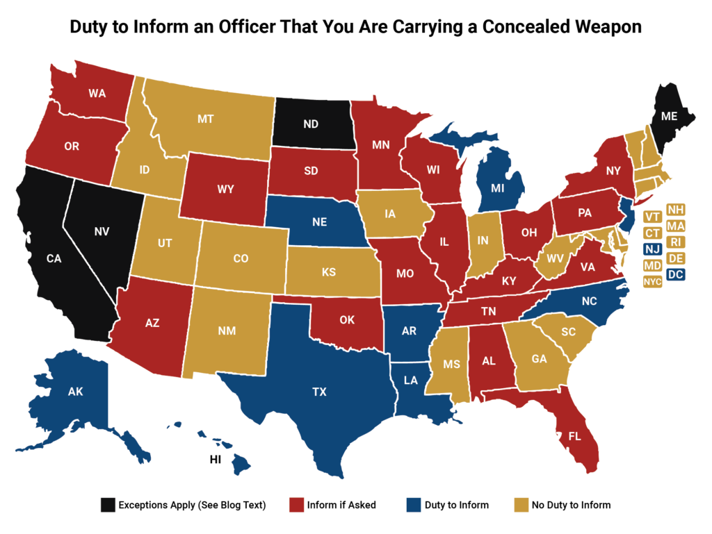 A color-coded map of the U.S. showing which states require CCW holders to inform officers of their firearm.