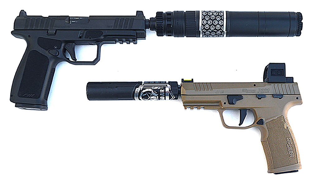 The Rost Martin 9mm (above) and SIG P322 .22 (below), each with Dead Air silencers.